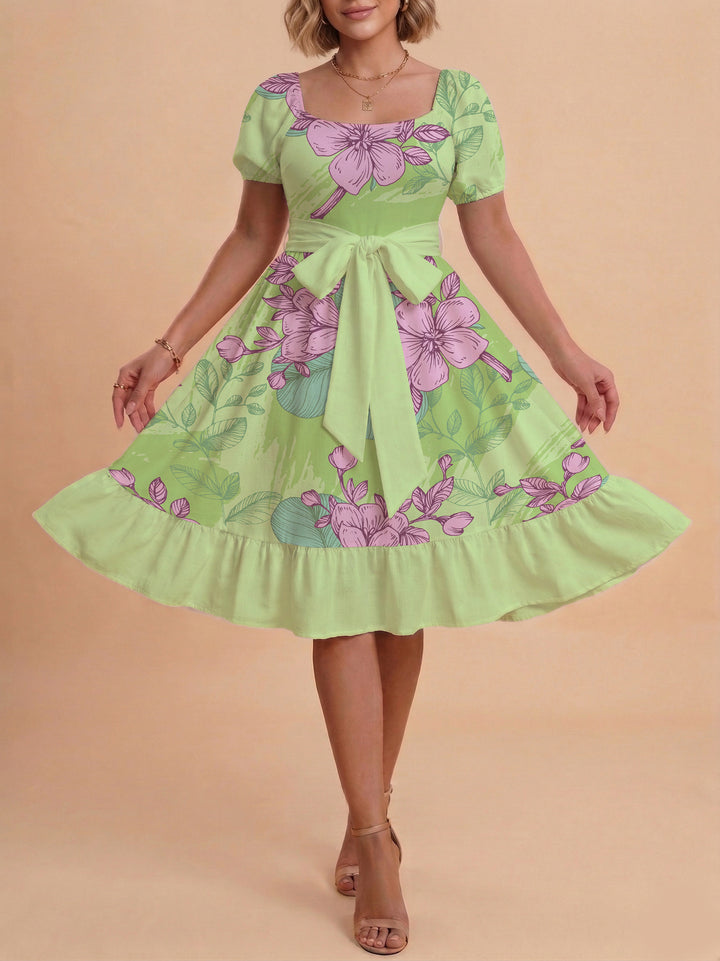 Women's floral dress with adjustable belt and voluminous sleeves Lune London