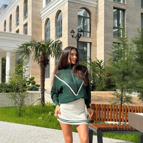 Elegant knitted sweater for women with high collar and trendy lace design Lune London