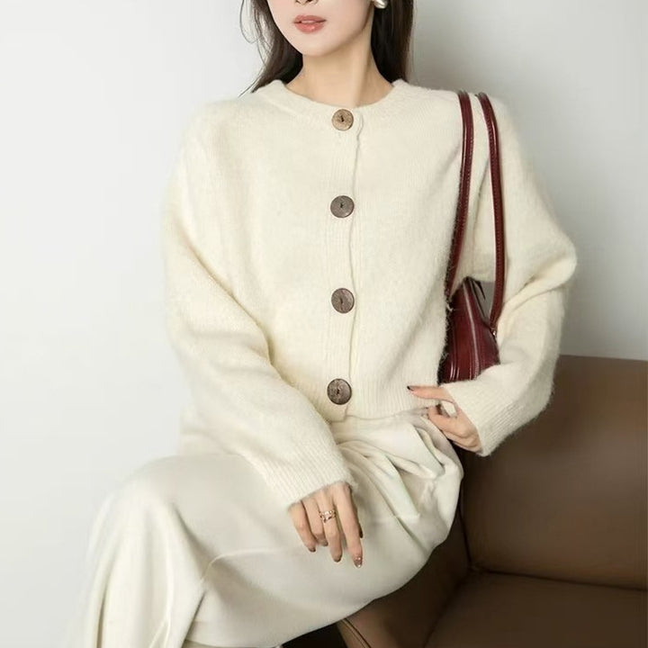 Ladies comfortable cardigan with large buttons and a high collar Lune London