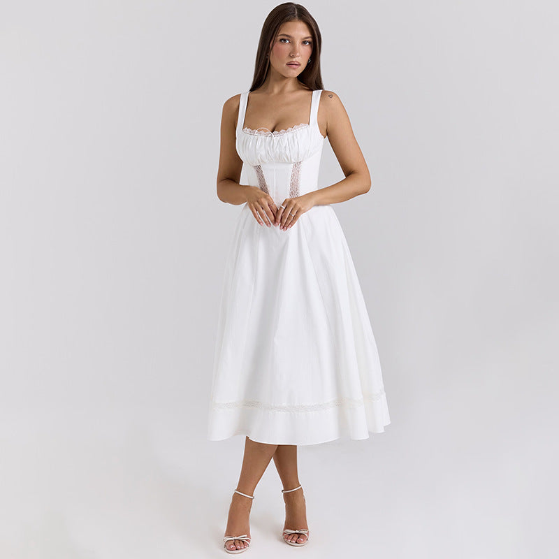 Ladies Midi dress with refined waist design and delicate ruffle