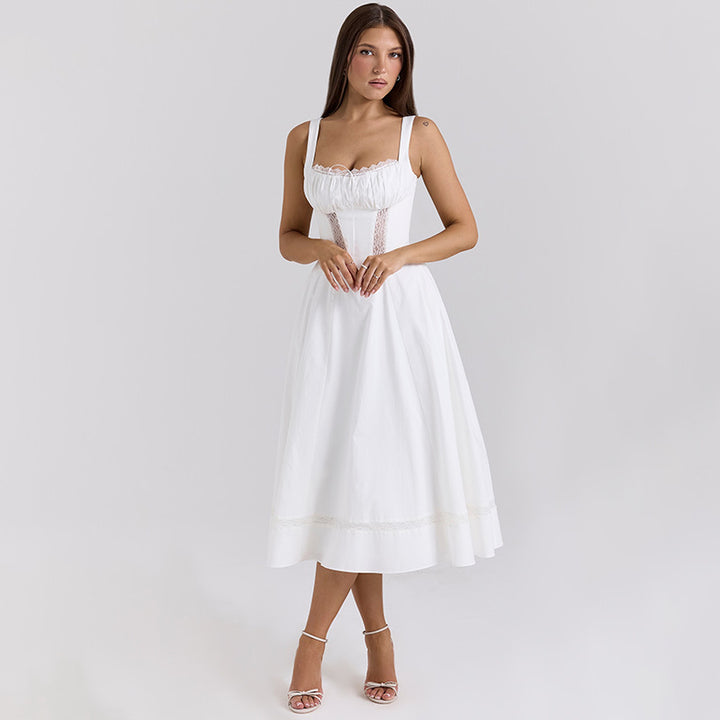 Ladies Midi dress with refined waist design and delicate ruffle