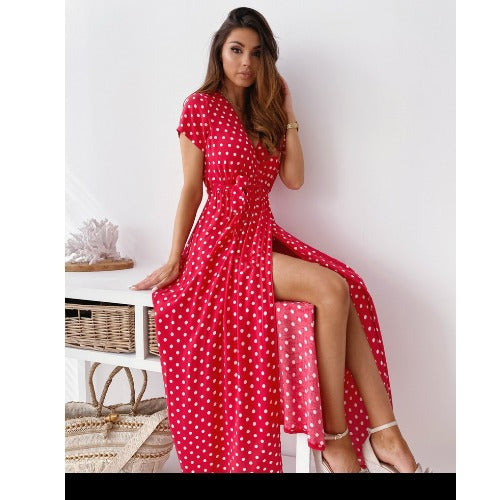 Maxi polka dot dress for women with a stylish side slit Lune London
