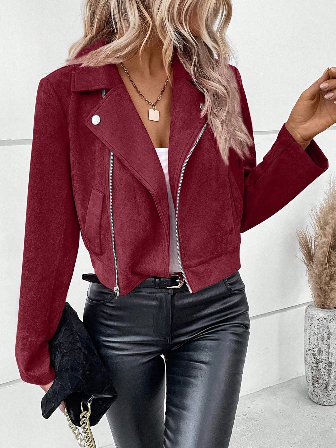 Ladies Stylish Biker Jacket in Synthetic Leather with Asymmetrical Zipper Lune London