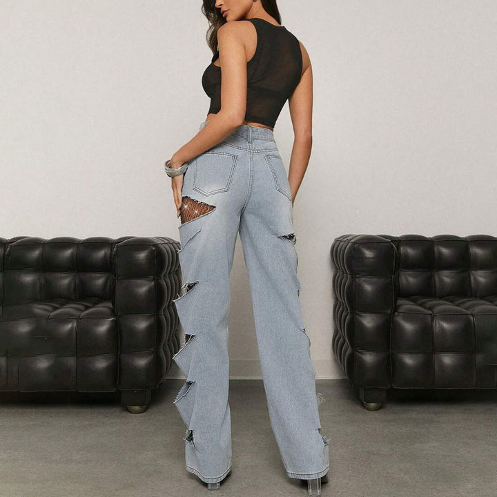 Ladies wide-leg jeans with refined cutouts and mesh details Lune London