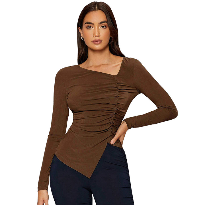 Haut ajusté à manches longues femmes avec design de drapage asymétrique Chic & Stil