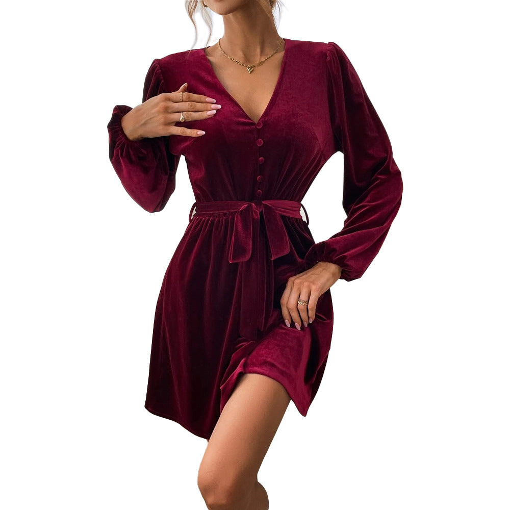 Robe en velours pour femme avec décolleté en V profond et ceinture à la taille Chic & Stil