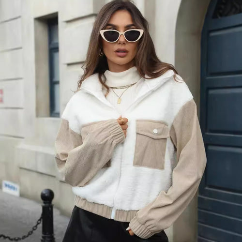 Fleece jacket for women with hood and trendy corduroy details Lune London