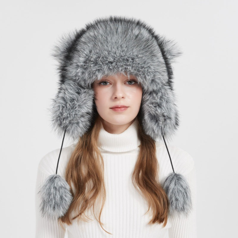Women's Cozy Ear Hat Made Of Faux Fur with Side Pompoms Lune London
