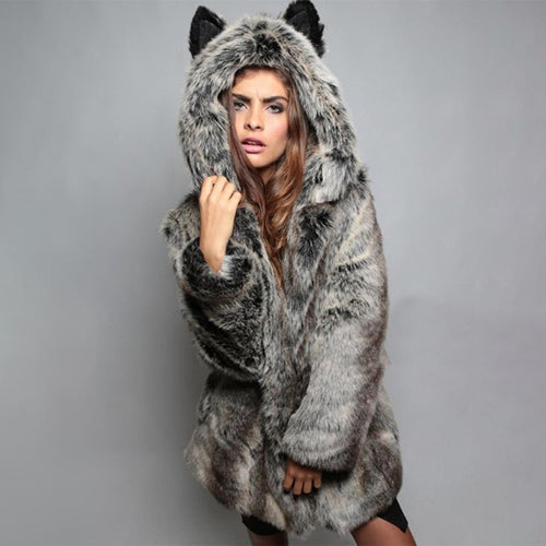Ladies Cozy Fur Coat with Hood and Cat Ears Lune London