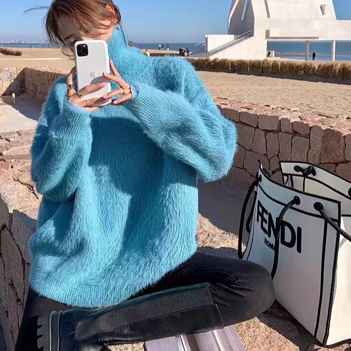 Ladies Soft Sweater with Oversized Cut and Chic High Collar