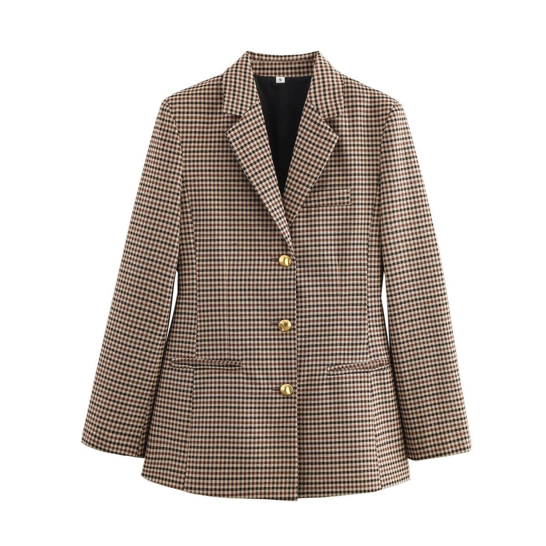 Plaid blazer for women with gold button details Lune London