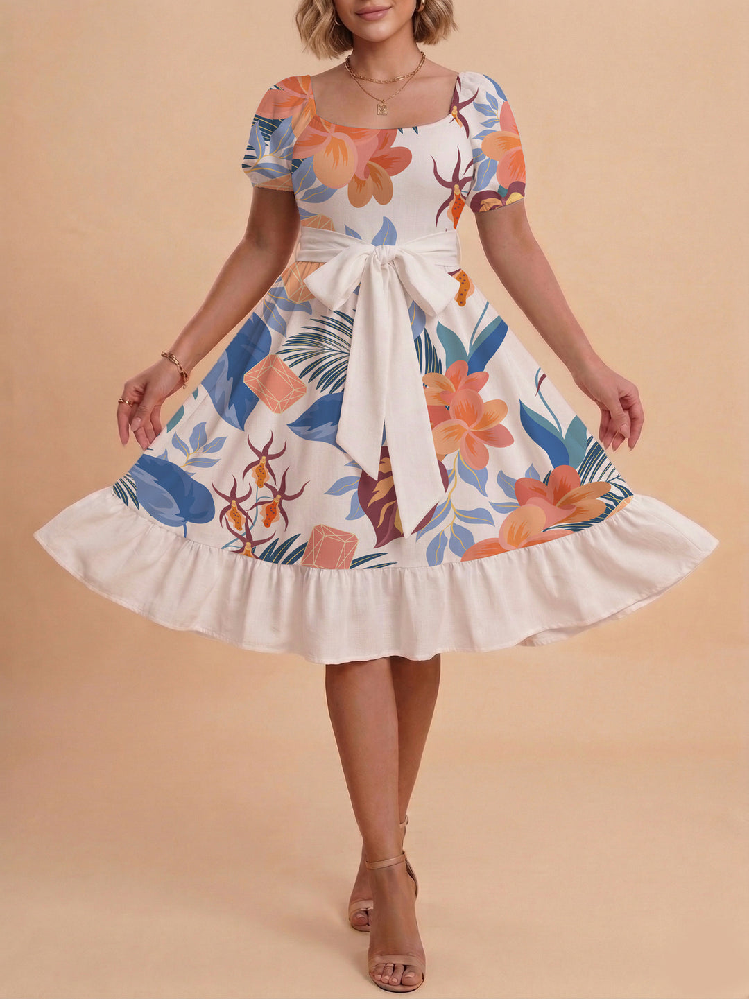 Women A-line dress with floral motifs and adjustable belt Lune London