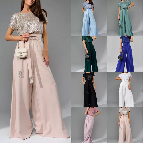Women's Glittering Jumpsuit with Wide Leg and Waist Belt Lune London