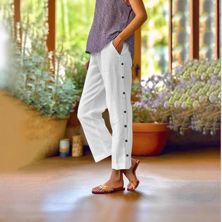 Comfortable linen pants for women with button details Lune London