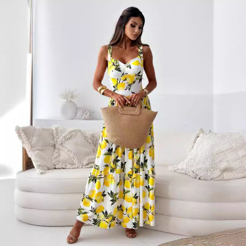 Chic and stylish maxi dress with high slit lemon print for women
