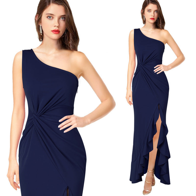 Maxi dress for women with asymmetrical neckline and elegant draped design Lune London