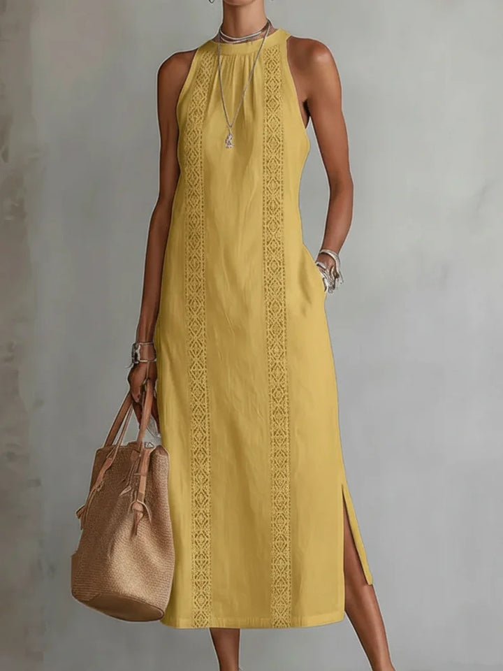 Women Elegant Summer Maxi Dress with Lace Appliqué and Side Slit Lune London