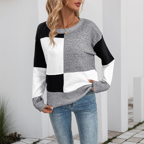 Trendy women's sweater with geometric color block design Lune London