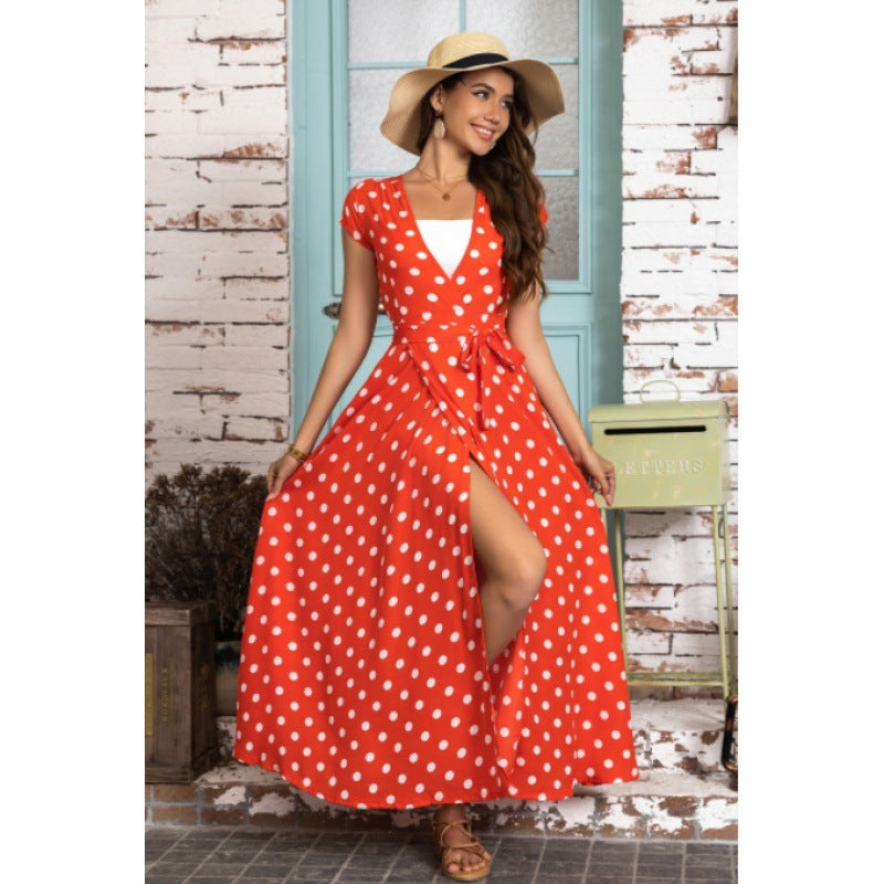 Polka dot wrap maxi dress for women with tied waist Lune London