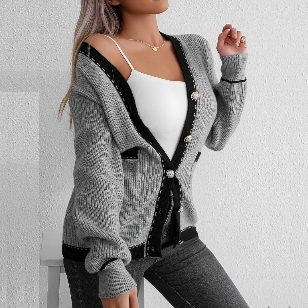 Women's knit jacket with elegant button details and contrasting stripes Lune London