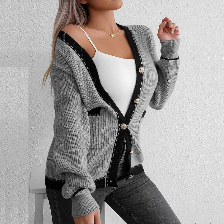 Women's knit jacket with elegant button details and contrasting stripes Lune London