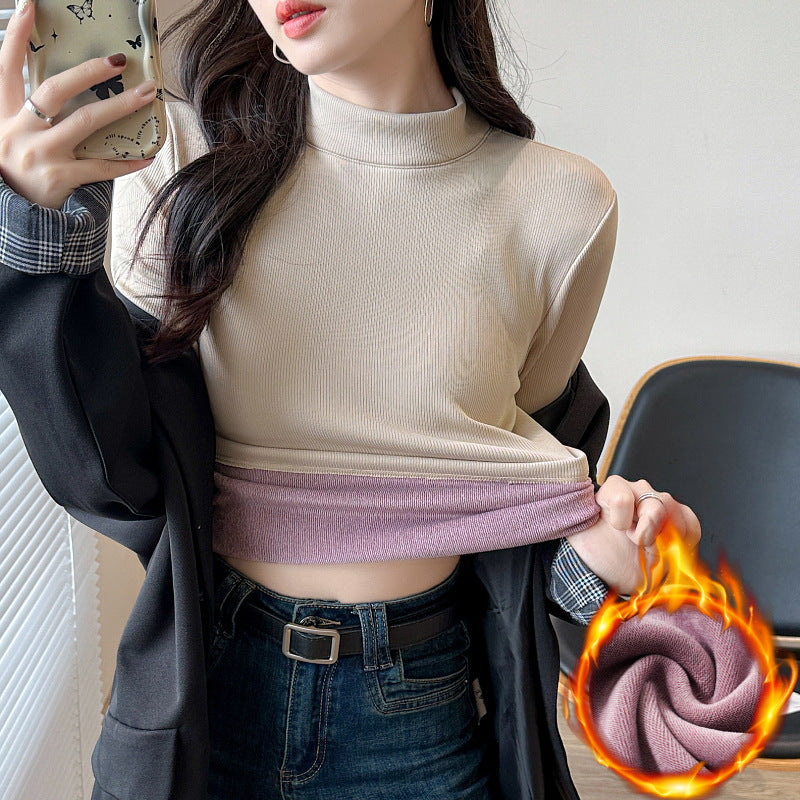 Women's Long Sleeve Cropped Top with High Collar and Ribbed Texture Chic & Stil