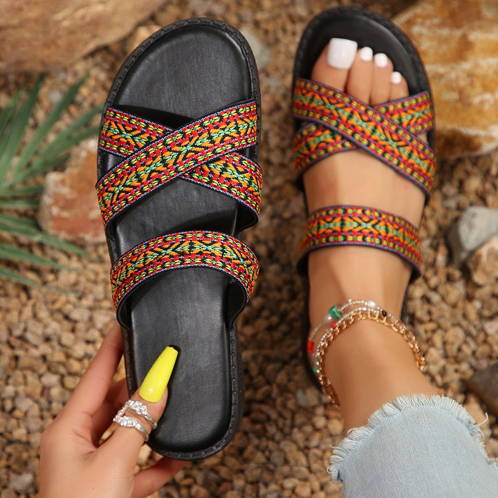 Comfortable strappy sandals for women with woven design Lune London