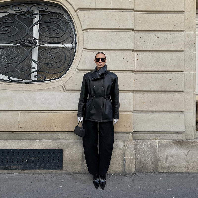 Faux leather jacket for women with high collar and practical pockets Lune London