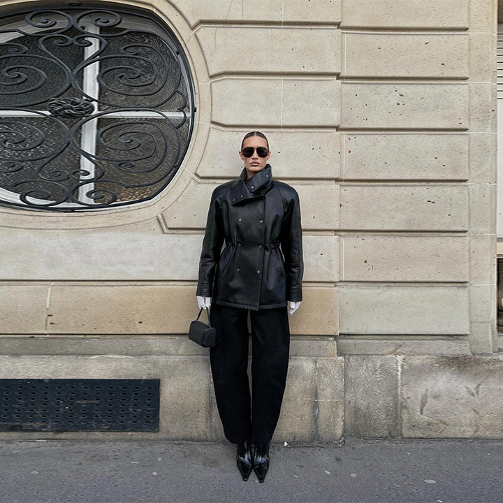 Faux leather jacket for women with high collar and practical pockets Lune London