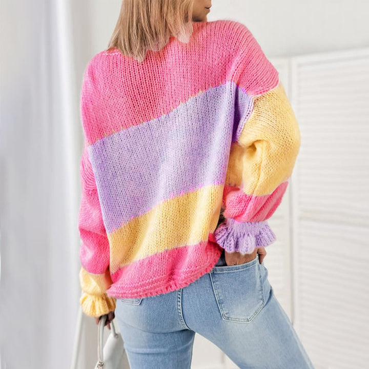 Oversized fashionable cardigan for women with colorful striped pattern and voluminous sleeves Lune London