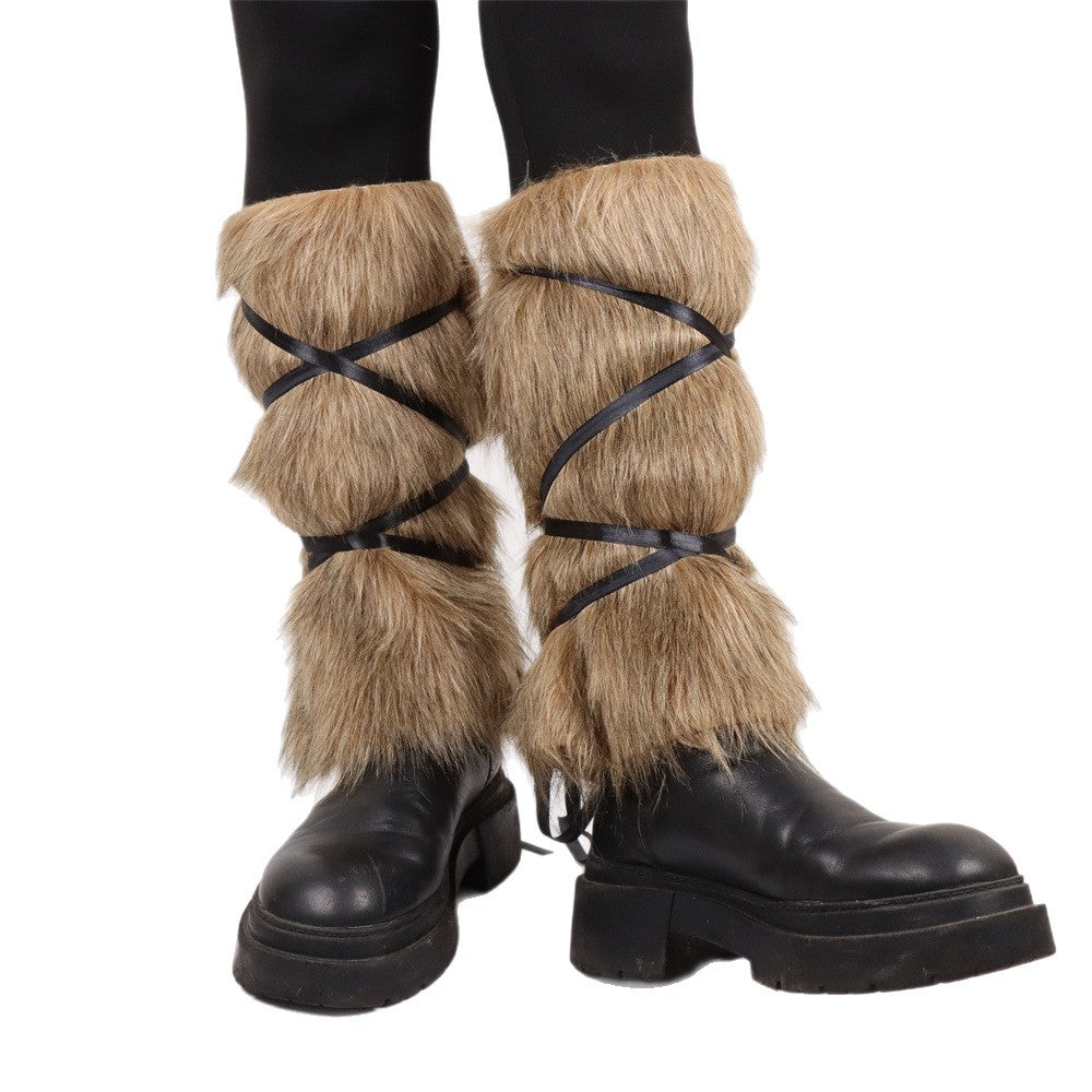 Fashion faux fur leggings for women with chic and stylish tie ribbons