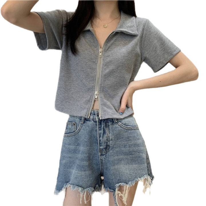 Women Cropped Polo Shirt with Zipper and Textured Finish Lune London