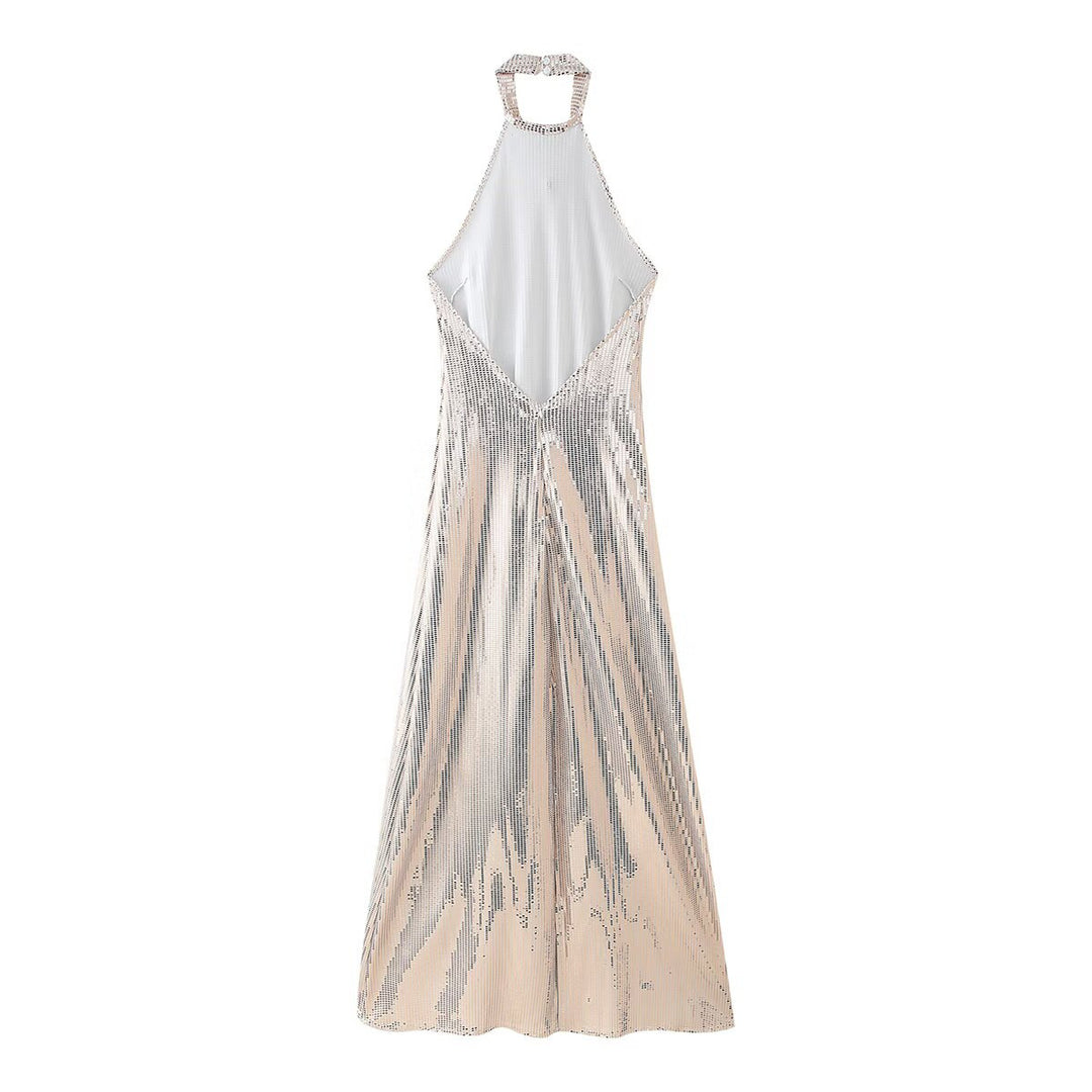 Evening dress for ladies with a sparkling sequin design and an elegant halter neck Lune London