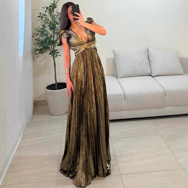 Elegant Women's Maxi Dress with Deep V Neckline and Chic Ruffle Details