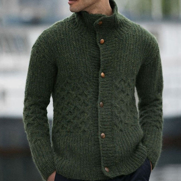 Men's knit jacket with decorative cable pattern and practical high collar Lune London