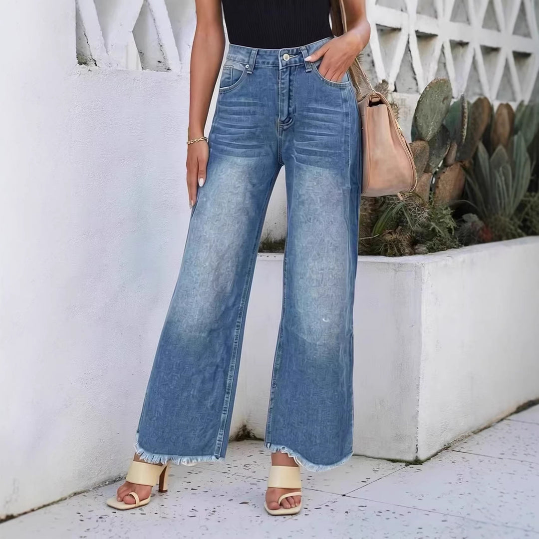 Women wide denim jeans with creative pattern and frayed hem Lune London