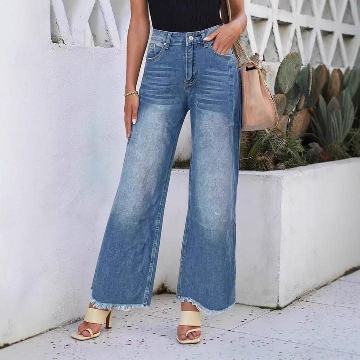 Women wide denim jeans with creative pattern and frayed hem Lune London