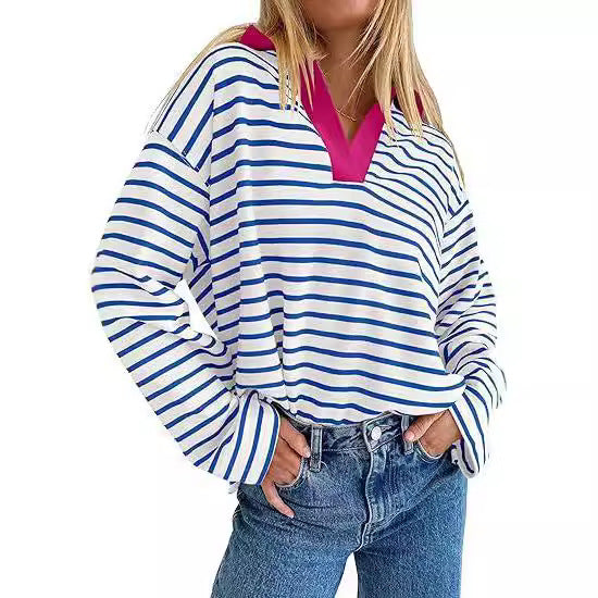 Casual striped summer sweater for women with V-neck and long sleeves Lune London