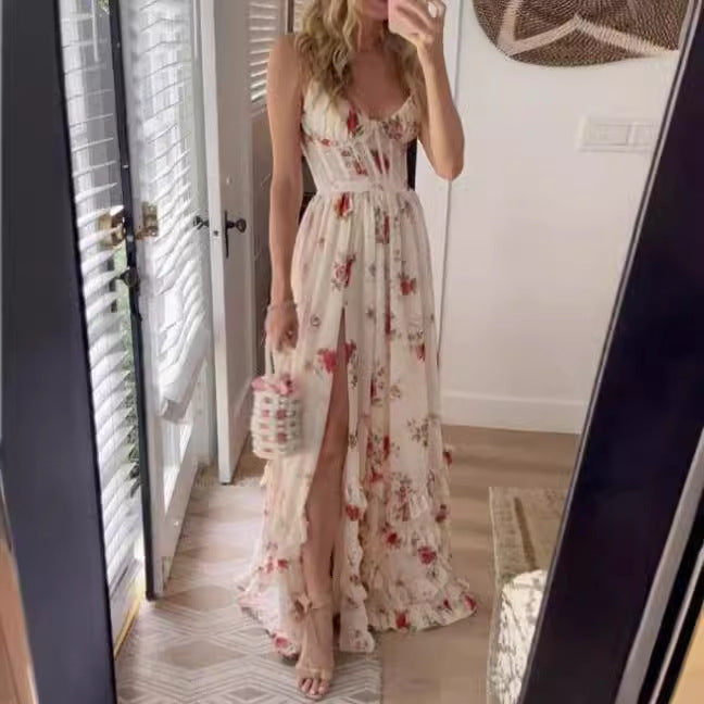 Women's maxi dress with floral lace top and high slit Lune London