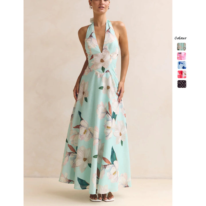 Ladies max dress with deep V-neckline and floral accents Lune London