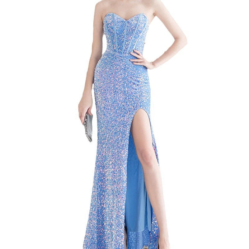 Women's glamorous evening dress with off-shoulder design and shimmering sequins Lune London