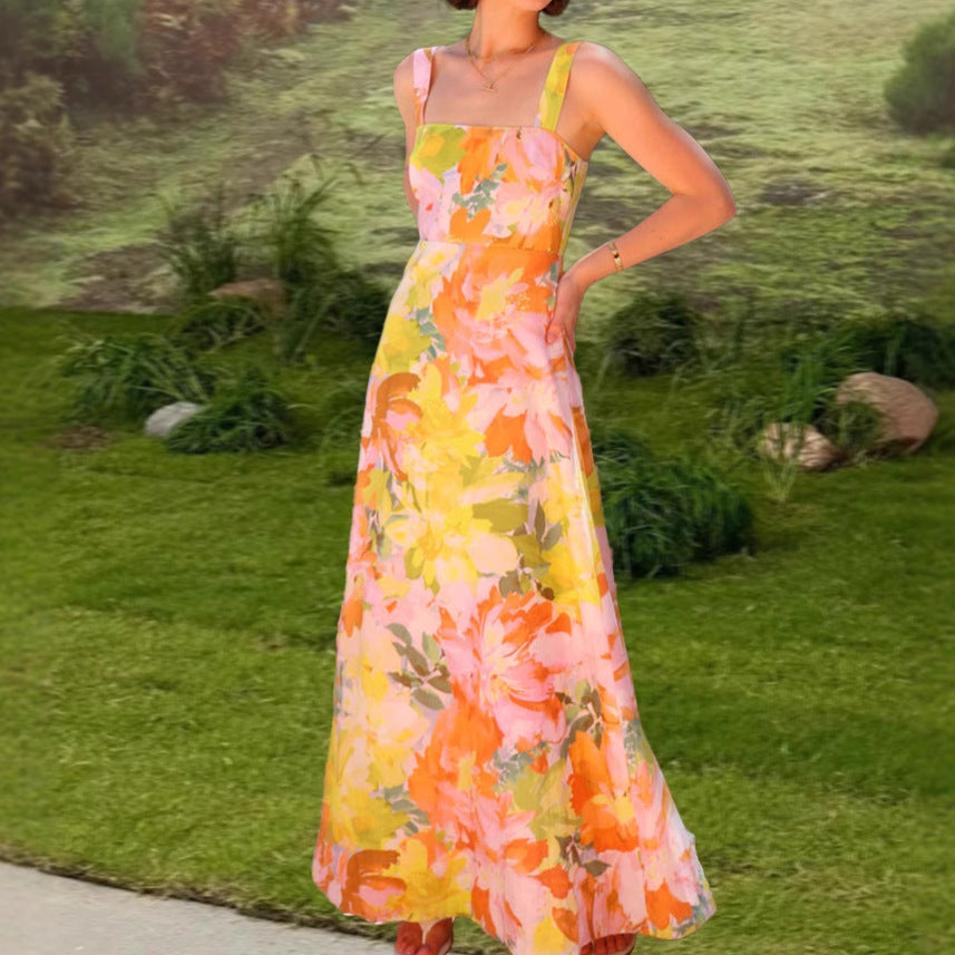 Maxi floral dress for women with fitted cut and spaghetti straps Chic & Stil