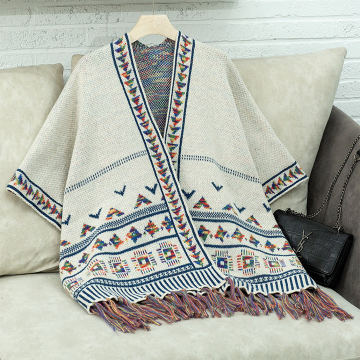 Women elegant poncho with colorful ethnic pattern Lune London