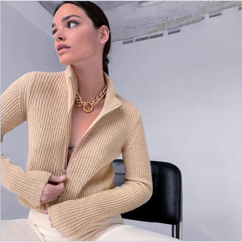 Women's Cardigan with High Collar and Innovative Zipper Lune London