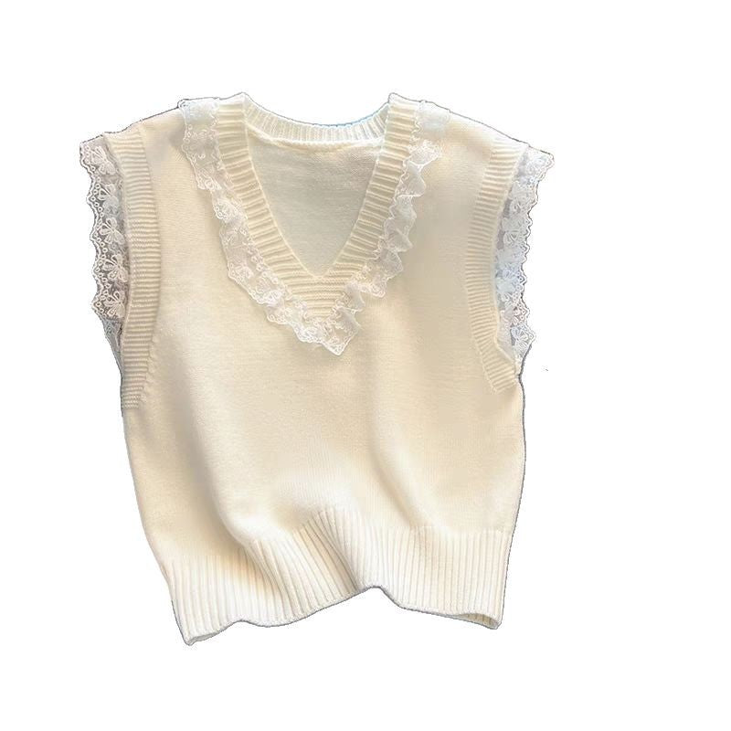 Women’s knit top with delicate lace sleeves and V-neck Lune London