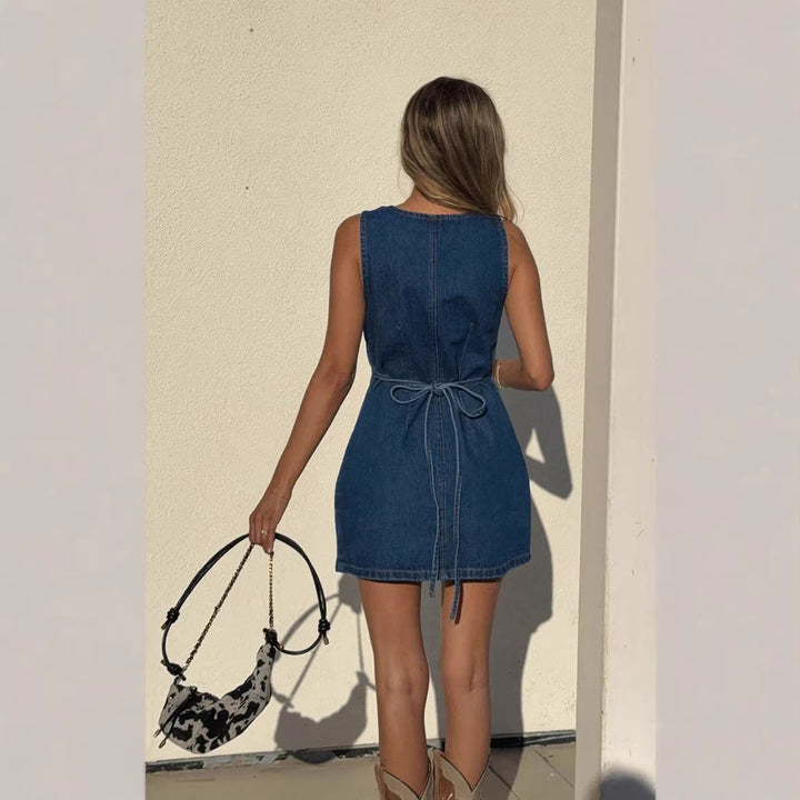 Women’s Denim Dress with V-neck and Button Placket Lune London