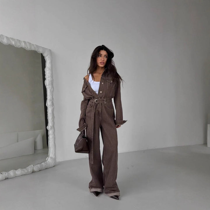 Robe en jean à manches longues pour femmes avec une coupe cintrée et une ceinture amovible Chic & Stil