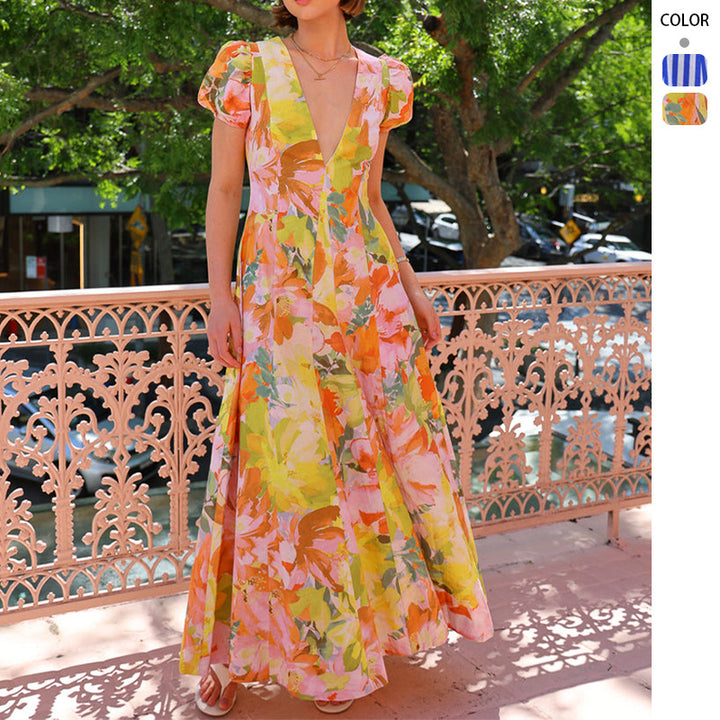 Chic & Stil V neck maxi dress with puff sleeves