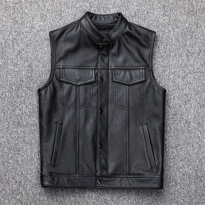 Leather gilet for men with bellows pockets and modern stand-up collar Lune London