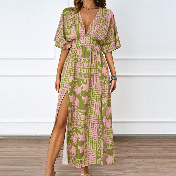 Elegant Maxi Dress for Women with Deep V Neckline and Chic Side Slit